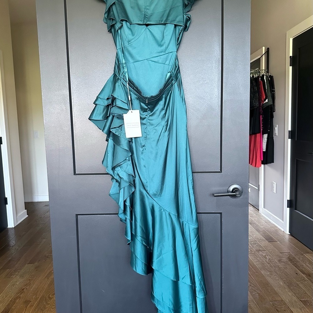 NWT | Mac Duggal | 49529 | Teal Ruffle High Low Asymmetric Dress - Picture 5 of 9